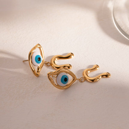 18K Gold Plated Stainless Steel Asymmetrical Devil's Eye Earrings