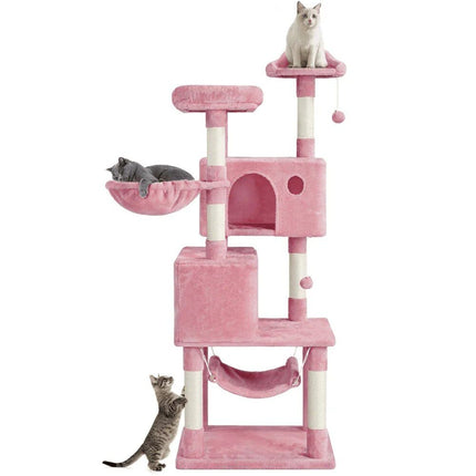 64'' Multi-Level Pink Cat Tree Tower with Condos, Scratching Posts, and Hammock - Wnkrs