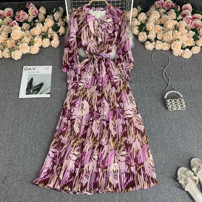 Super Long Chiffon Vacation Style Dress Women's High Waist Slim Fit Slimming