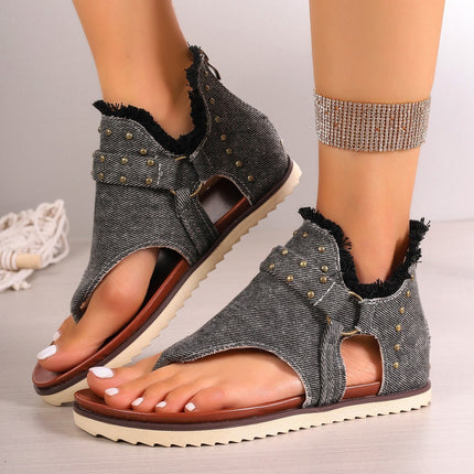 Denim Thong Sandals With Rear Zipper Summer Retro Beach Flat Shoes For Women