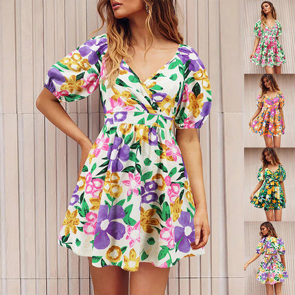 Robe à fleurs à col en V et manches lanternes Y2K, robes courtes de vacances d'été à la plage, vêtements pour femmes à la mode