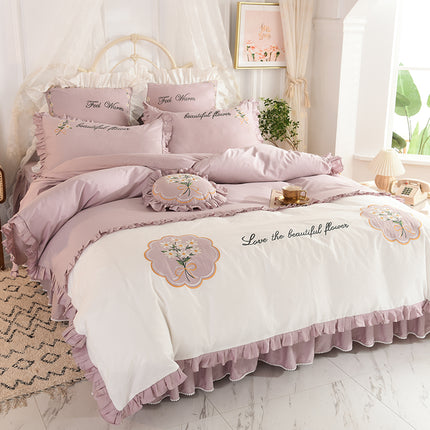 Summer Ruffled Cotton Four-piece Set Girl Heart Embroidery Flower Quilt Cover - Wnkrs