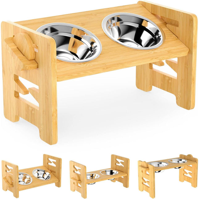 Comedero para mascotas inclinado y elevado ajustable con soporte de bambú