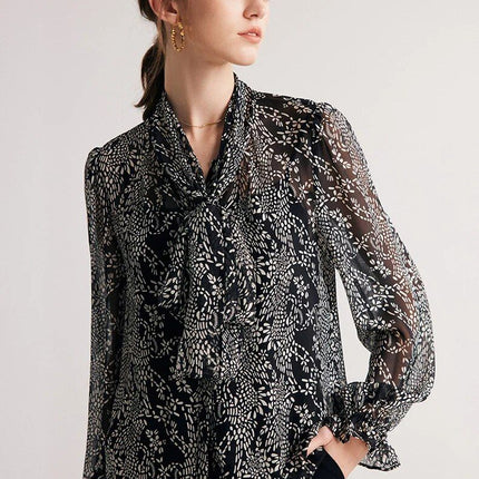 Elegant Black Printed Silk Blouse with Bow Collar