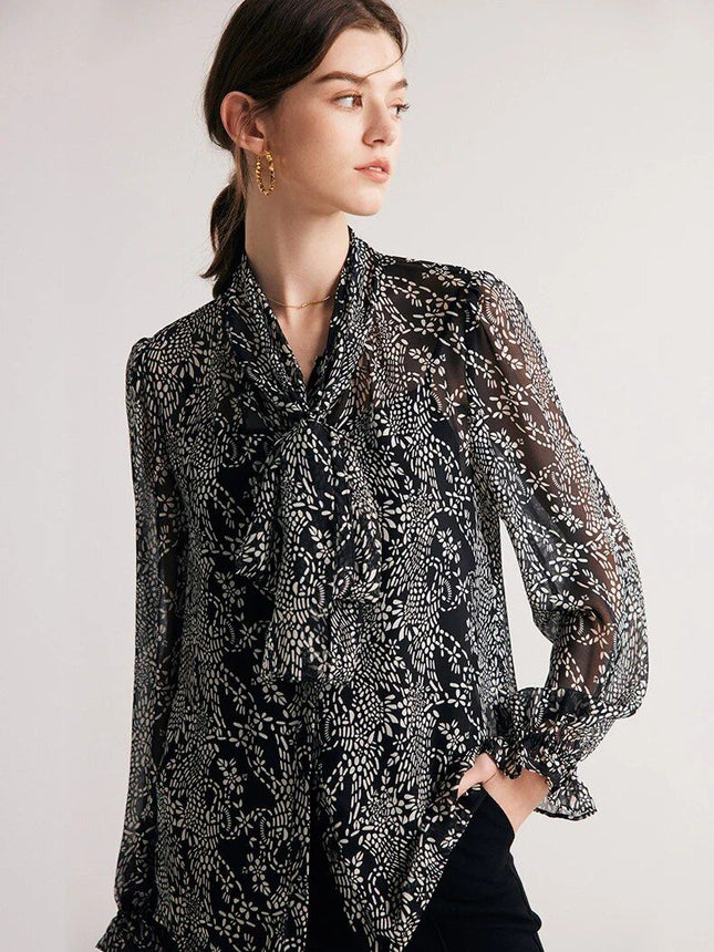 Elegant Black Printed Silk Blouse with Bow Collar - Wnkrs