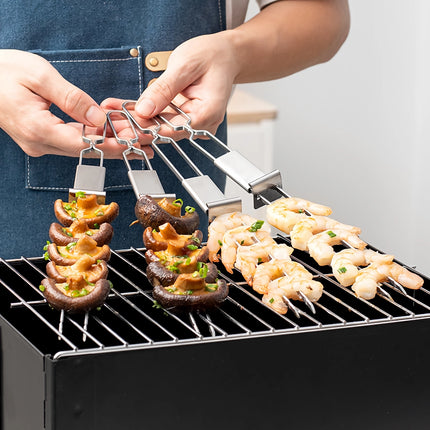 Tenedores para parrilla de barbacoa semiautomáticos de acero inoxidable: brochetas portátiles para acampar y hacer picnic