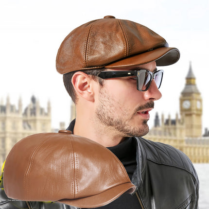 Genuine Leather Retro Octagonal Beret Cap for Men