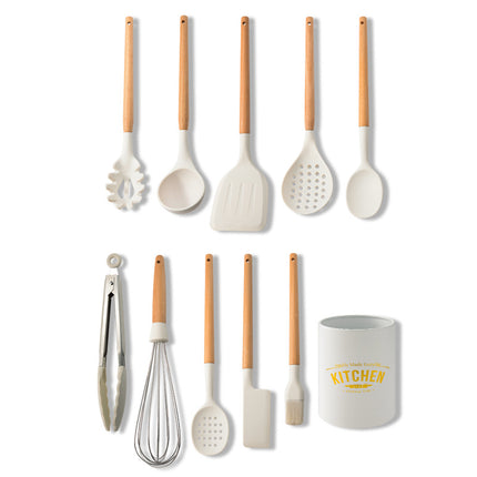 Creamy White Wooden Handle Silicone Kitchenware Set - Wnkrs