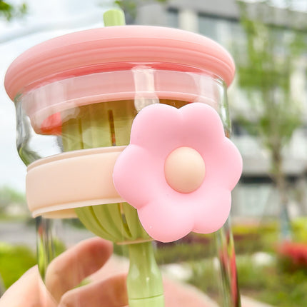 Tasse en verre à motif de fleurs avec couvercle, paille et infuseur