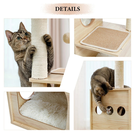 Arbre à chat en bois avec griffoirs en sisal, condo confortable et hamac