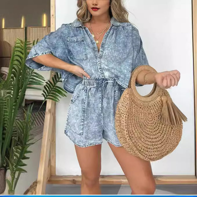 Ensemble 2 pièces en jean ample pour femme, chemise décontractée à manches chauve-souris et short à cordon de serrage avec poches