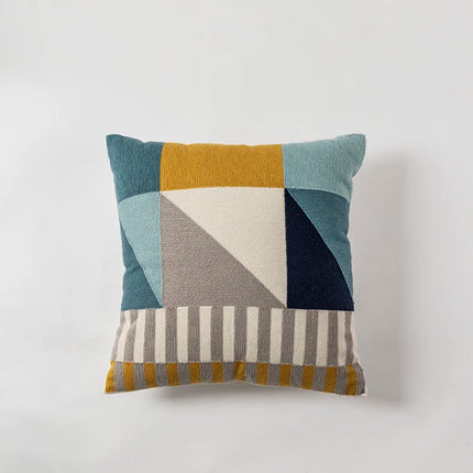 45x45in Geometric Embroidered Cotton Cushion Cover - Blue, Yellow, Grey Abstract Design