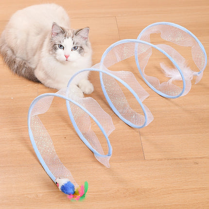 Túnel interactivo plegable para gatos con juguetes de plumas y ratón