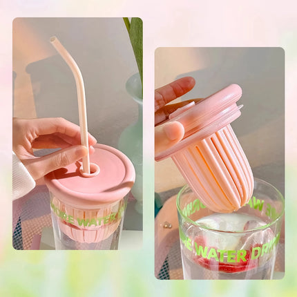 Cute Korean Glass Cup with Lid and Straw