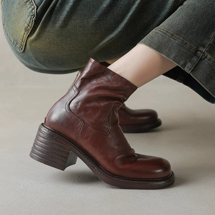 Bottines en cuir véritable pour femmes - Talons hauts, style moto court