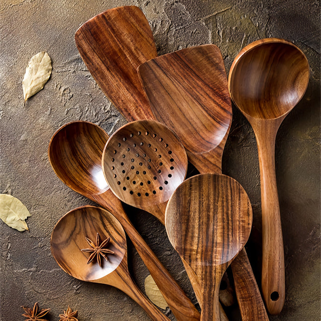 Juego de utensilios de cocina de madera de teca ecológicos: kit de herramientas de cocina de 7 piezas