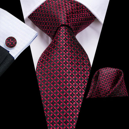 Burgundy Black Plaid Silk Necktie Set for Men