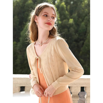 Apricot Elegant V-Neck French Style Knit Cardigan