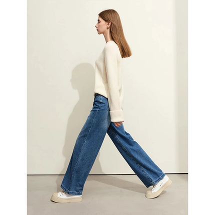 Vintage Casual Loose Wide-Leg Jeans for Women - Autumn Cotton Pleated Trousers