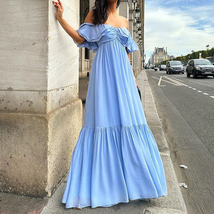 Robe mi-longue à épaules dénudées et à couleur pure