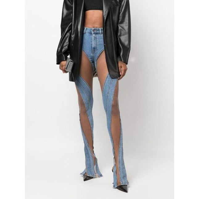 Pantalon évasé en denim taille haute à mailles transparentes et patchwork