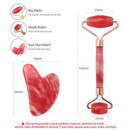 Juego de rodillo de jade de cristal rojo y tabla de raspado Gua Sha