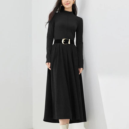 Vestido de pana negro de cuello medio alto y manga larga de invierno para mujer