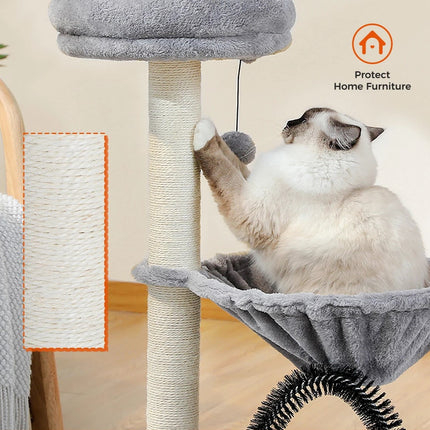 Arbre à chat compact avec hamac, griffoir et panier en peluche