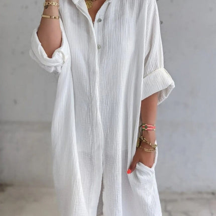 Long Shirt Women's Cotton And Linen Loose Solid Color Pocket Shirt Dress