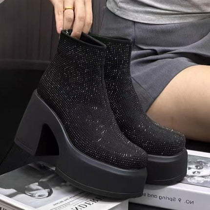 Bottines à talons épais et plateformes en strass étoilés