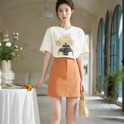 Spring Orange A-Line Skirt with High Waist and Symmetric Pockets