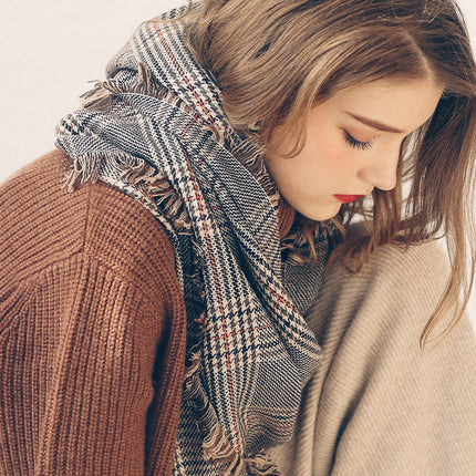 Écharpe en laine à carreaux pied-de-poule pour femme - Châle pashmina de luxe en laine d'agneau