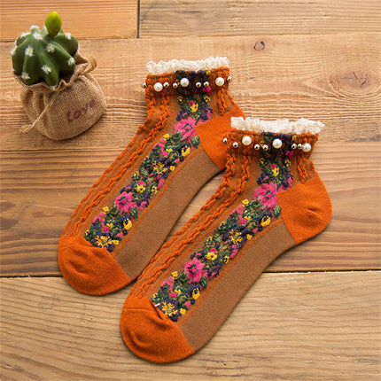 Chaussettes à la cheville rétro Lolita à motif floral et perles