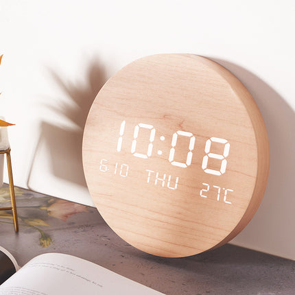 LED Wooden Wall Clock with Temperature Display, Silent Nordic Style