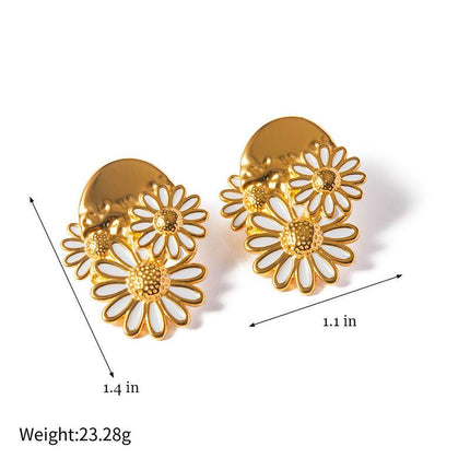 18K Gold Plated Daisy Stud Earrings in White Dripping Oil Finish