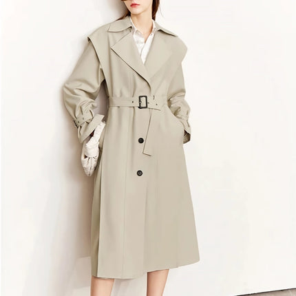 Trench-coat long minimaliste pour femme - Automne Col rabattu Patchwork Simple boutonnage