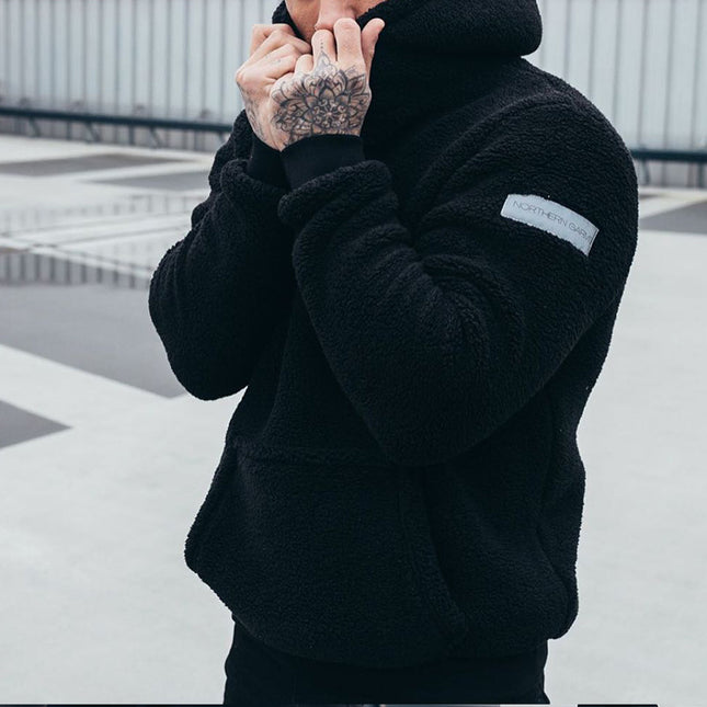 Sweat à capuche en peluche pour homme avec grande poche, pull à manches longues tendance, vêtements unis