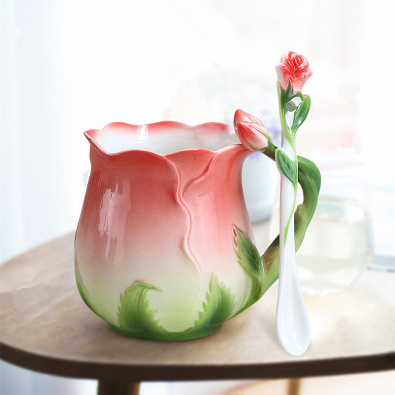 Hand-Painted Rose Ceramic Mug with Spoon