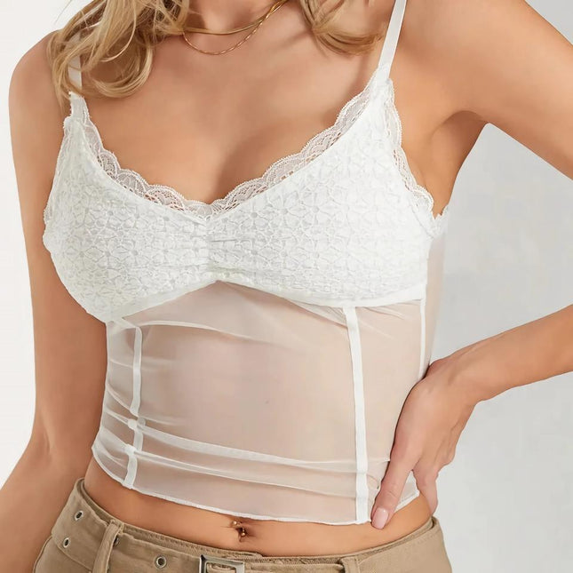 Haut en maille transparente sans manches en dentelle blanche pour femme