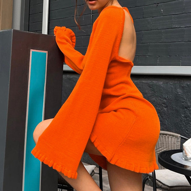Robe dos nu sexy en laine à manches longues trompette
