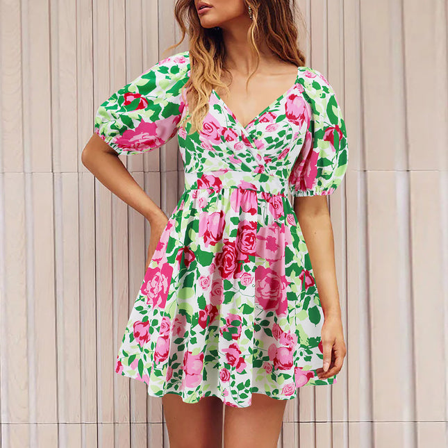 Robe à fleurs à col en V et manches lanternes Y2K, robes courtes de vacances d'été à la plage, vêtements pour femmes à la mode