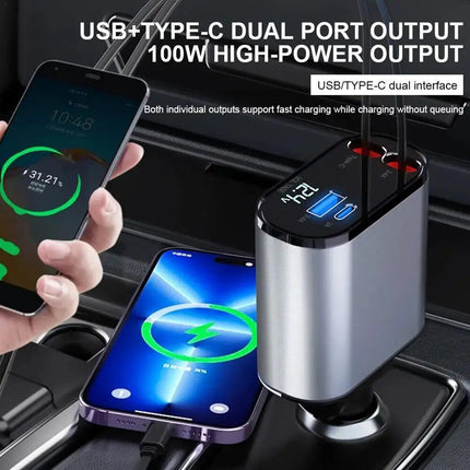 Cargador retráctil para automóvil 4 en 1 de alta velocidad con dos cables USB, tipo C y Lightning