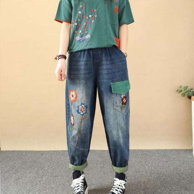 Embroidered Patchwork Ankle-Length Harem Jeans