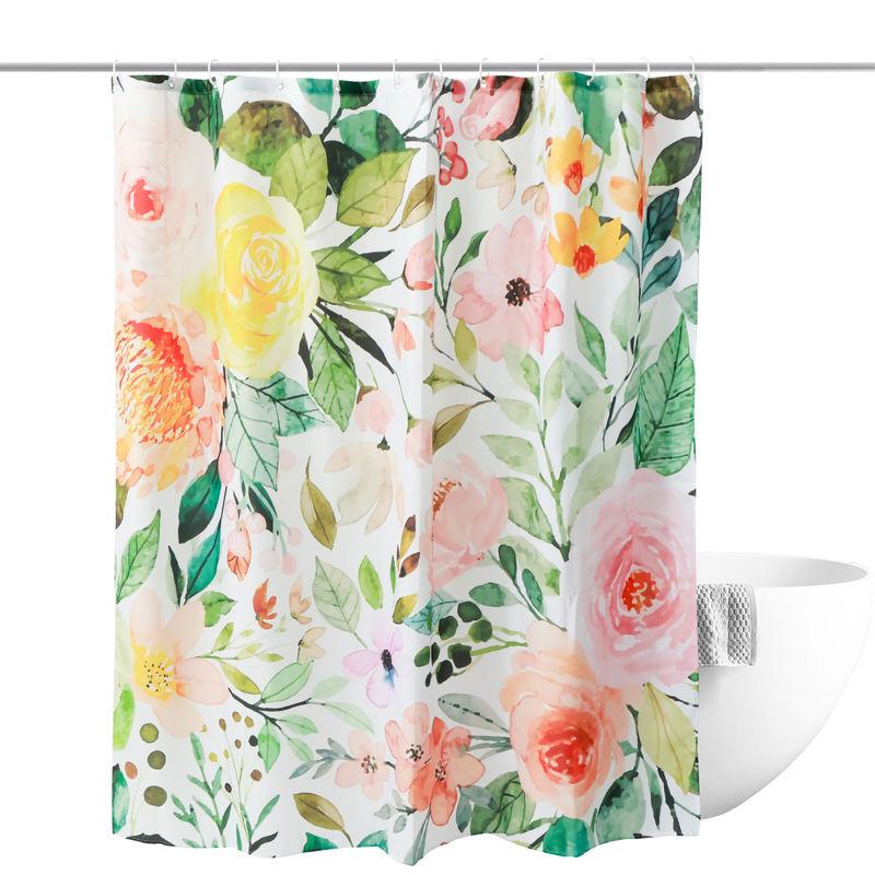 Floral Polyester Shower Curtain with 12 Hooks