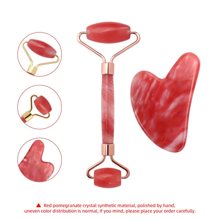 Juego de rodillo de jade de cristal rojo y tabla de raspado Gua Sha