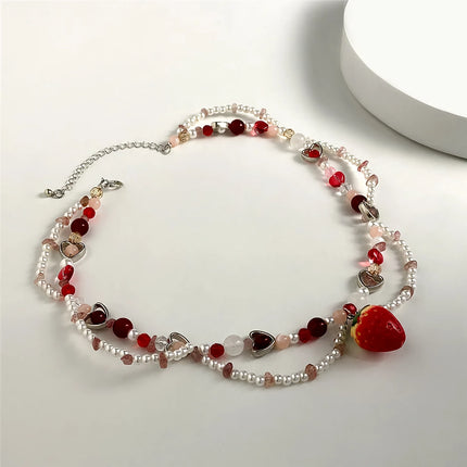 Elegant Strawberry Heart Pearl Choker Necklace