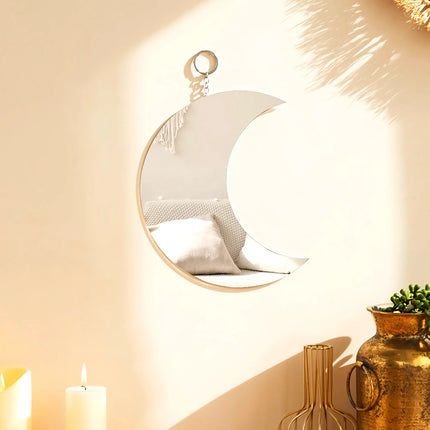 Espejo de pared decorativo colgante de acrílico con forma de luna dorada