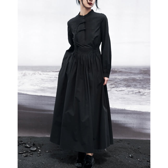 Elegante vestido camisero negro de corte A para mujer en otoño