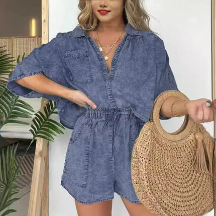 Ensemble 2 pièces en jean ample pour femme, chemise décontractée à manches chauve-souris et short à cordon de serrage avec poches