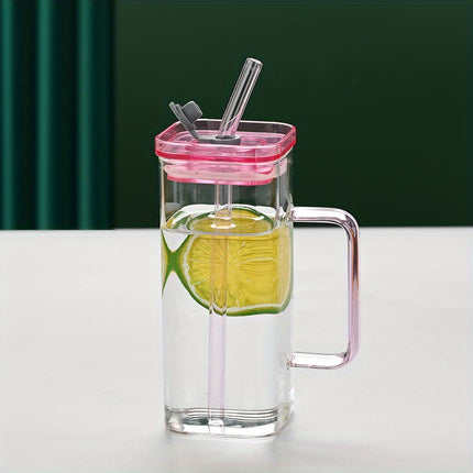 Square Glass Drinkware with Handle and Straw